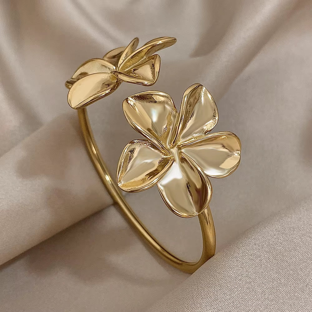 Stainless Steel Double Flower Cuff Bracelet Bangle for Women Gold Color Metal Floral Bracelets Waterproof Party Jewelry