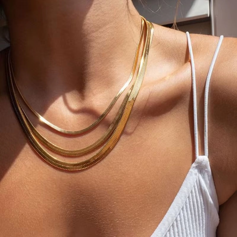 Hot Classic Unisex Flat Snake Chain Choker Necklace for Women Stainless Steel Herringbone Gold Silver Color Fashion Jewelry Gift