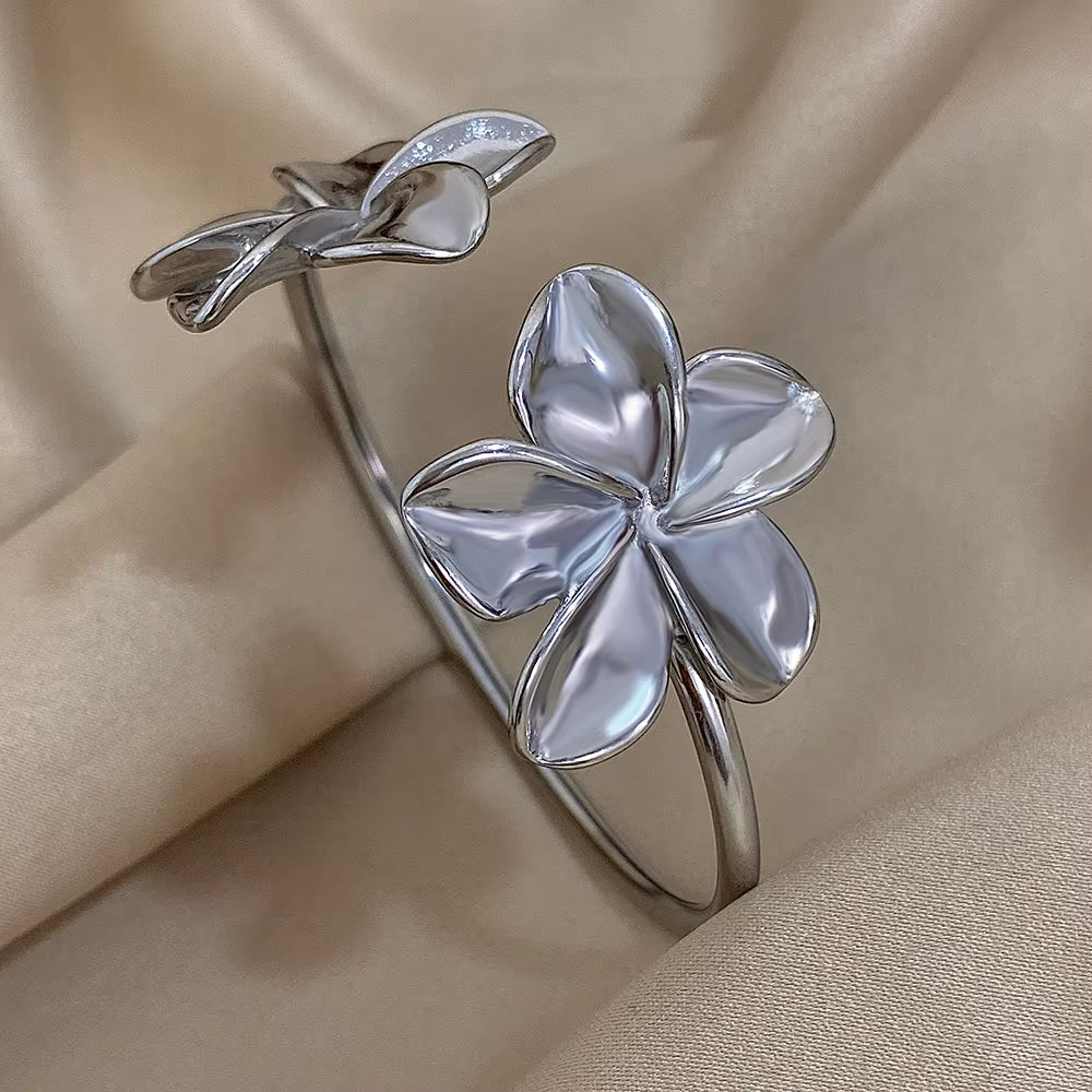 Stainless Steel Double Flower Cuff Bracelet Bangle for Women Gold Color Metal Floral Bracelets Waterproof Party Jewelry