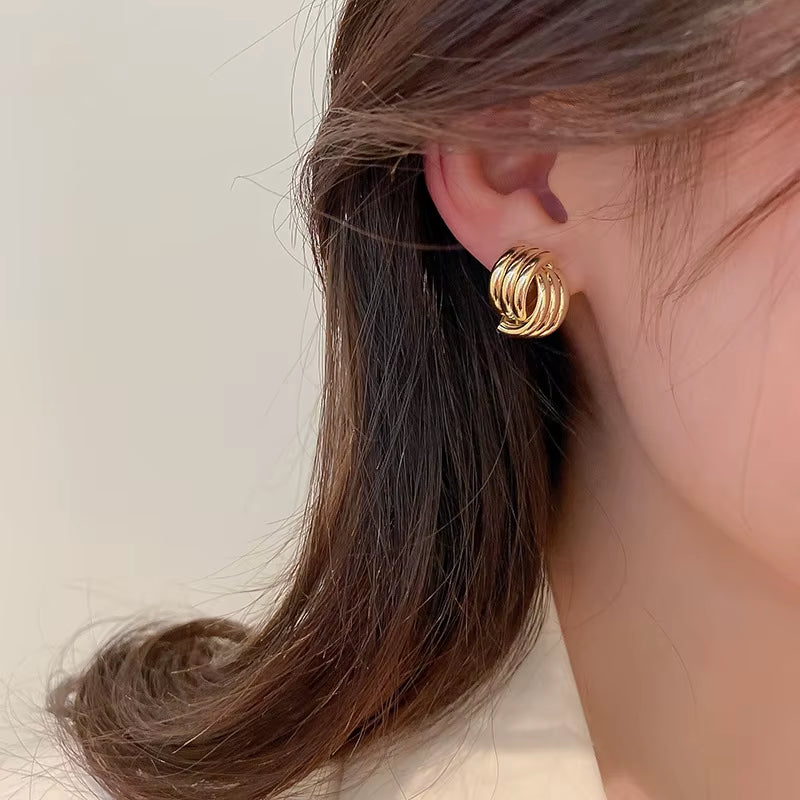 Fashion Glossy Three-Layer Textured Intersecting Knot Earrings for Women Gold Color Stainless Steel Earring Vintage Jewelry Gift