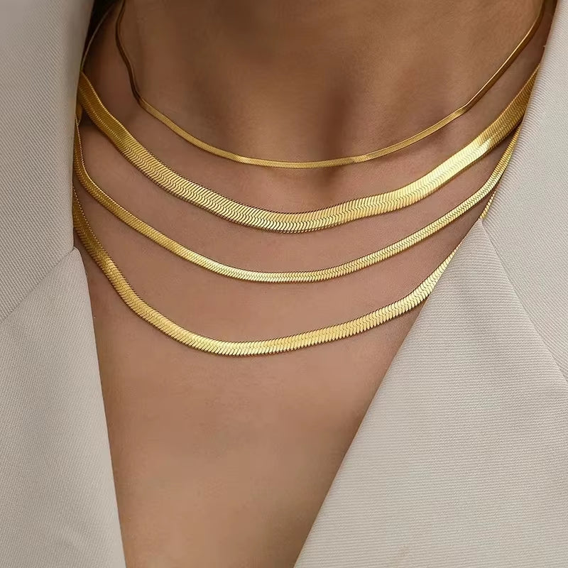 Hot Classic Unisex Flat Snake Chain Choker Necklace for Women Stainless Steel Herringbone Gold Silver Color Fashion Jewelry Gift