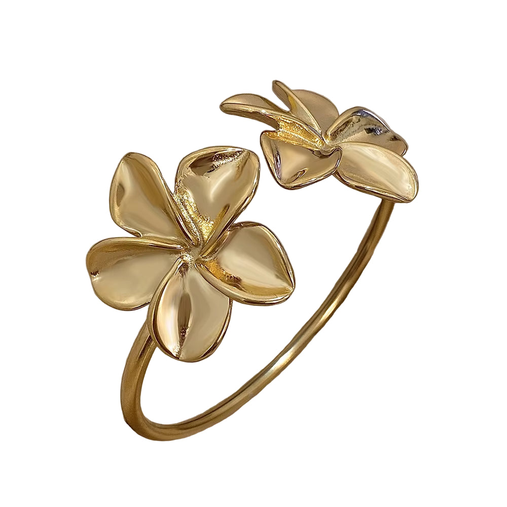 Stainless Steel Double Flower Cuff Bracelet Bangle for Women Gold Color Metal Floral Bracelets Waterproof Party Jewelry