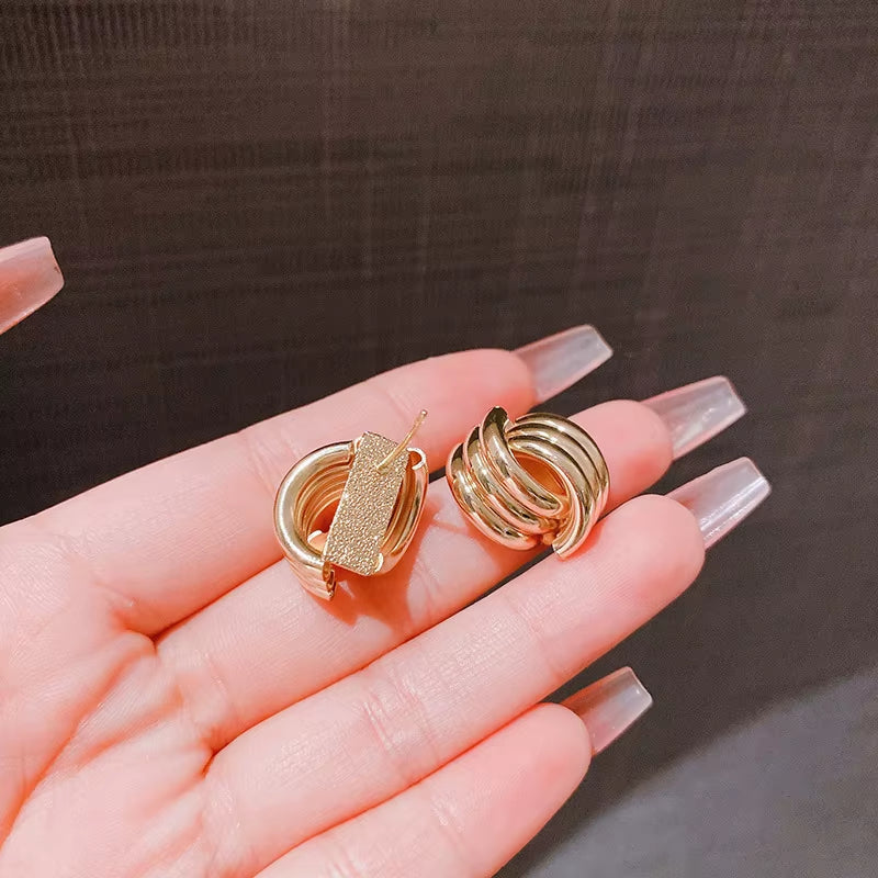 Fashion Glossy Three-Layer Textured Intersecting Knot Earrings for Women Gold Color Stainless Steel Earring Vintage Jewelry Gift