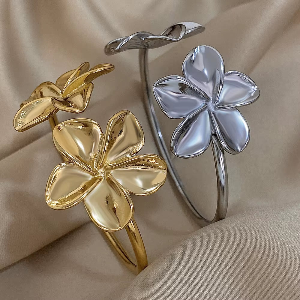 Stainless Steel Double Flower Cuff Bracelet Bangle for Women Gold Color Metal Floral Bracelets Waterproof Party Jewelry